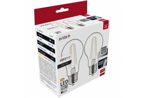 Avide LED White Filament Globe 8.5W E27 WW 2700K-2er